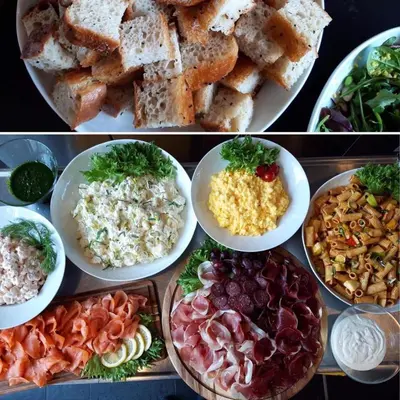 a collage of four different plates of food at Bed and Brunsj, Sand in Sand