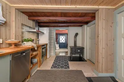 a kitchen with wooden walls and a stove at Koselig hytte 10 minutter fra Lillehammer sentrum in Lillehammer