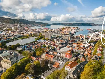 an aerial view of a city and a body of water at Dinbnb Apartments I Family Dream in Bergen I Playroom I Private Garden in Bergen