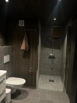 a bathroom with a shower and a toilet at Pow Panorama - High standard Mountain home in Sogndal