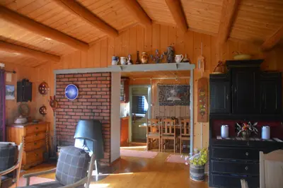 a living room with a fireplace in a house at Einkjerrbu cabin by Norgesbooking - in Svingvoll