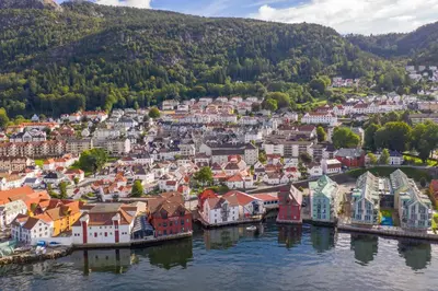 an aerial view of a town on the water at New! Sea front apt. with terrace above the sea! in Bergen