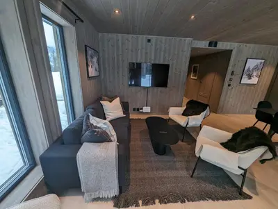 a living room with a couch and chairs and a tv at Ski in/out Appartment Hemsedal in Hemsedal