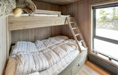 a bunk bed in a wooden room with a ladder at Pet Friendly Home In Gålå With Kitchen in Gålå