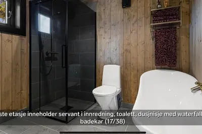 a bathroom with a shower and a toilet and a tub at Flott moderne hytte i Holterdalen, 4 soverom, 2 bad, Jacuzzi, garasje in Rauland