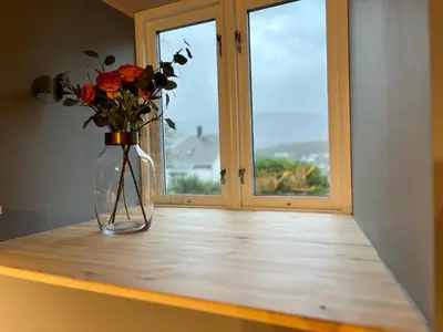 a vase with flowers sitting on a table next to a window at New beautiful flat, parking! in Bergen