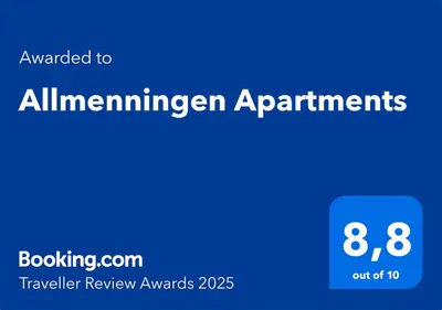 a blue sign that says allimensionen apartments with the number eight at Allmenningen Apartments in Bergen