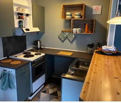 a kitchen with a stove and a sink at Fjordview 35 in Lofthus