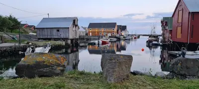 a marina with houses and boats in the water at Rorbu i Bud Havn in Bud
