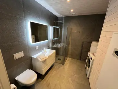 a bathroom with a toilet and a sink and a shower at Rorbu i Bud Havn in Bud