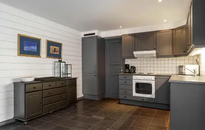 a kitchen with stainless steel appliances and gray cabinets at 3 Bedroom Nice Apartment In Hemsedal in Hemsedal
