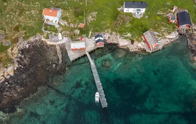 an aerial view of a dock in the water at Cozy Home In Norddyrøy With Kitchen in Sætra