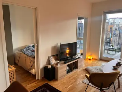 a living room with a television and a bed at Seagull Holiday& Businnes Apartment in Trondheim