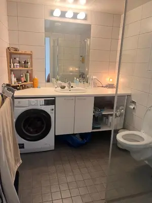 a bathroom with a washing machine and a sink at Seagull Holiday& Businnes Apartment in Trondheim