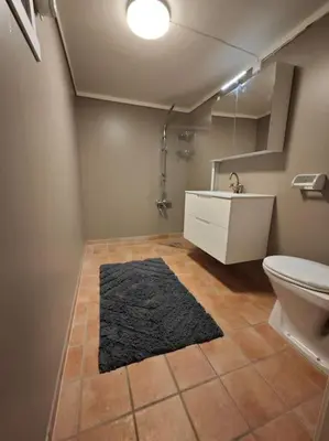 a bathroom with a toilet and a black rug at Rekkehus Tyssedal Trolltunga in Tveit