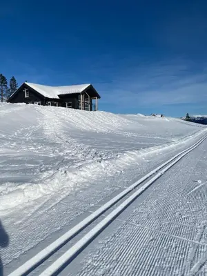 a house on top of a snow covered hill with tracks at Nydelig hytte ved Voss Ski og Tursenter in Giljane