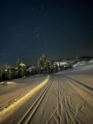 a snow covered road with tracks in the snow at night at Nydelig hytte ved Voss Ski og Tursenter in Giljane