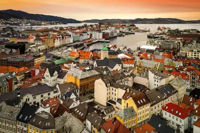 an aerial view of a city with a river and buildings at Central stay apartment - 303 in Bergen