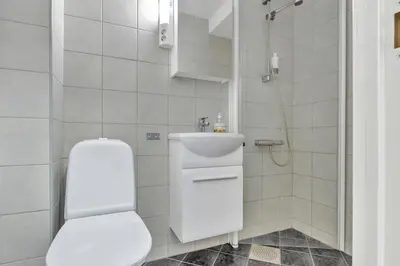 a bathroom with a toilet and a sink and a shower at Cozy Studio Retreat in Bergen