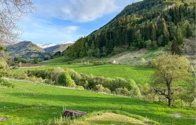 a green field with trees and mountains in the background at 3 Bedroom Beautiful Home In Vik I Sogn in Stadheim
