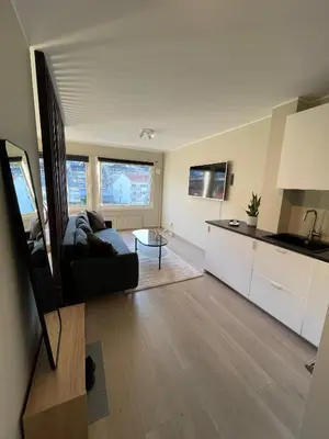 a living room with a couch and a kitchen at Modern apartment ONLY 5 minutes from City Centre in Bergen