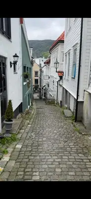 a cobble stone street in a town with buildings at The DreamHouse - inner City Center - Old Town in Bergen