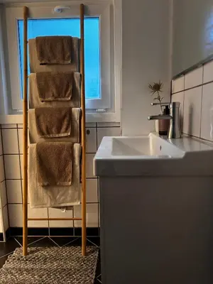 a bathroom with a towel rack next to a sink at The DreamHouse - inner City Center - Old Town in Bergen