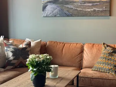 a living room with a couch and a table with a plant at Riddertunet Beitostølen in Beitostøl