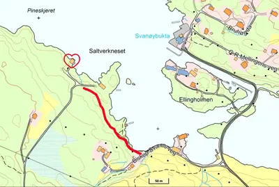 a map showing the route of a trail at Bay View Island Room - Svanøy in Svanøy