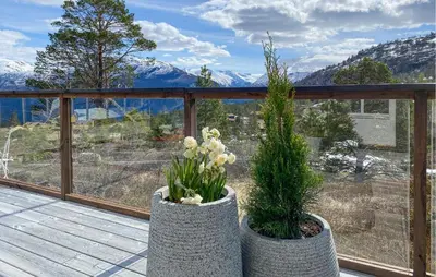 two vases with plants in them on a balcony at Awesome Home In Stryn in Stryn