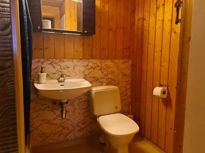 a bathroom with a toilet and a sink at Hyttepreget overnattingssted in Geilo