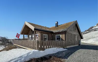 a wooden house with a flag in front of it at 4 Bedroom Awesome Home In Vøringsfoss in Garden