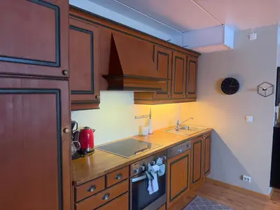 a kitchen with wooden cabinets and a sink at Cozy Ground-Floor Apartment In Beitostølen in Beitostøl