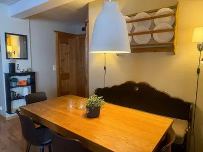 a dining room table with a potted plant on it at Cozy Ground-Floor Apartment In Beitostølen in Beitostøl