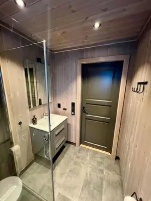 a bathroom with a shower and a sink and a door at Fjord-Holiday-Lodge mit atemberaubendem Panorama in Åfarnes