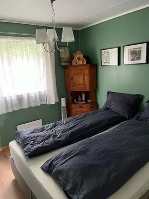 a bedroom with a bed and a green wall at Holiday Home Sletta in Sletta