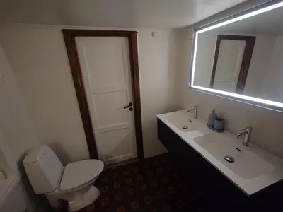 a bathroom with a toilet and a sink and a mirror at Private pearl in downtown Røros in Røros
