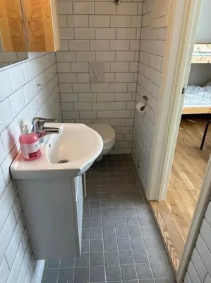 a bathroom with a sink and a toilet at Leilighet sentralt i Stryn in Stryn