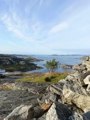 a bench sitting on top of a hill overlooking a body of water at Holiday home in Steinkjer in Steinkjer