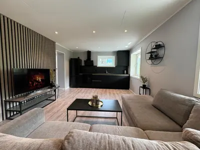a living room with a couch and a fireplace at Dalen Apartment in Stranda