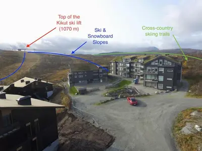 an aerial view of an apartment complex with buildings at Geilo Kikut - Ski-in Ski-out in Geilo