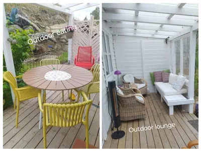 two pictures of a patio with a table and chairs at Sleep Over in Eiknes