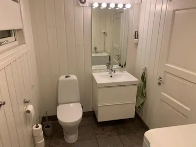 a bathroom with a toilet and a sink and a mirror at Rikstaddal in Kalvhagen