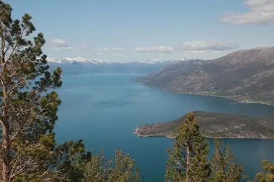 a view of crater lake from the top at Fjordhytte-2 am Hardangerfjord, grandioses Fjordpanorama, 20 PS Motorboot mietbar! in Ænes