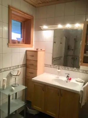 a bathroom with a sink and a mirror at Fjordhytte-36 in Bøvågen
