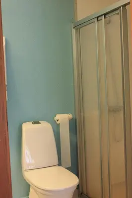 a bathroom with a toilet and a glass shower at Fjordhytte-17 in Norwegen direkt am Fjord, mit mietbaren 9,9 PS bis 60 PS Motorbooten in Bjordal