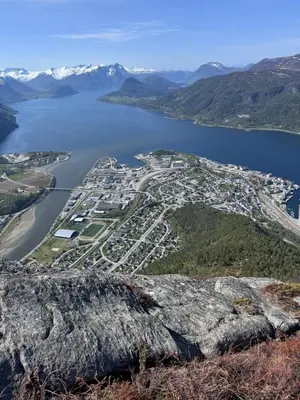 an aerial view of a city and a body of water at Villa Utsikten Romsdalen in Åndalsnes