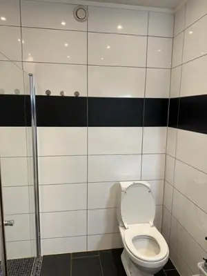 a bathroom with a toilet and a shower at Duży apartament w centrum in Ålesund