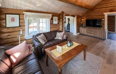 a living room with a leather couch and a coffee table at Beautiful Home In Øyer With Wifi in Øyer