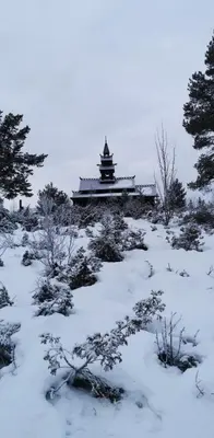 a pagoda in a snow covered field with a building at Family-friendly apartment for rent at Golsfjellet in Golsfjellet